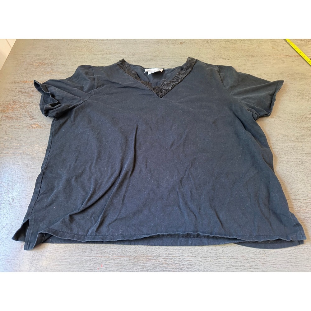 Susan Graver Style Black Lace Trim V-Neck Short Sleeve Top Cotton Blend 1X USA